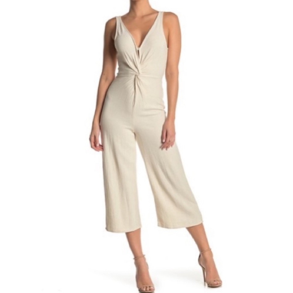 Emory Park Sleeveless Knot Woven Cream Linen Jumpsuit Large Resortwear - Picture 9 of 9